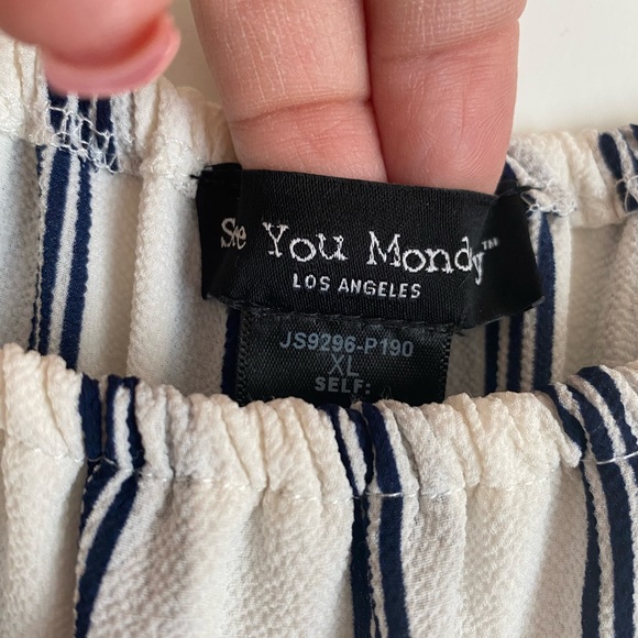 Womens Off the Shoulder Jumpsuit in White with Navy Pinstripe Size XL-must have! - Picture 3 of 7